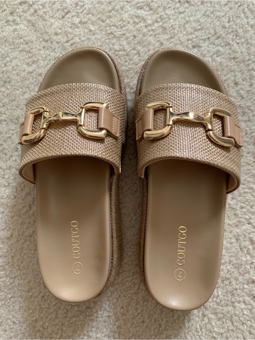 Coutgo Beige Platform Slide Sandals with Gold Bit Accent